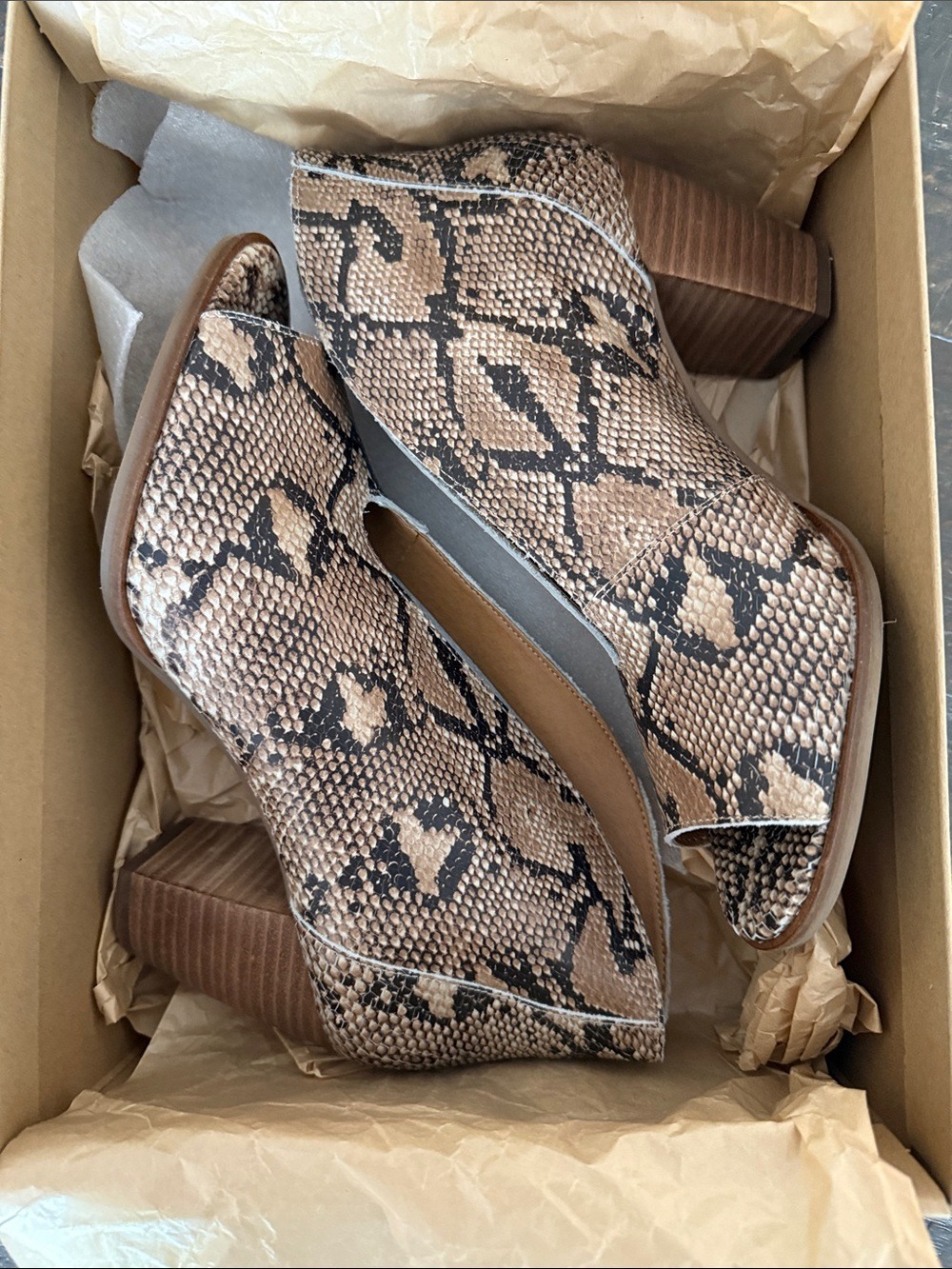 Lucky Brand Joal Tobacco Snakeskin Peep Toe Booties Heel 8 - Picture 7 of 9